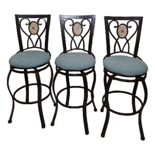 1980s Metal Black Frame Barstool Green Color Upholstered Seat Swivel Set of 3 For Sale