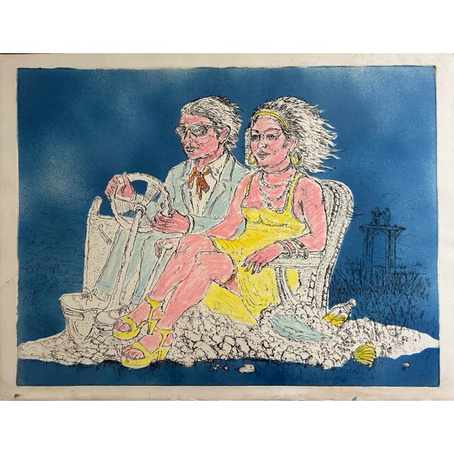 Original surrealist, hand colored etching of a man and woman in a car. Looks like they are all dressed up but going...