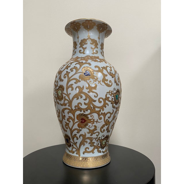 Ceramic Vintage Chinese White and Gilt Porcelain Lotus Scroll Vase For Sale - Image 7 of 15
