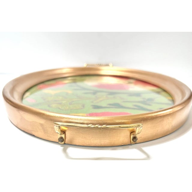 Green Oval Brass Gallery Tray With Floral Fabric Insert – Vintage Serving Tray, Bar Cart Decor For Sale - Image 8 of 12