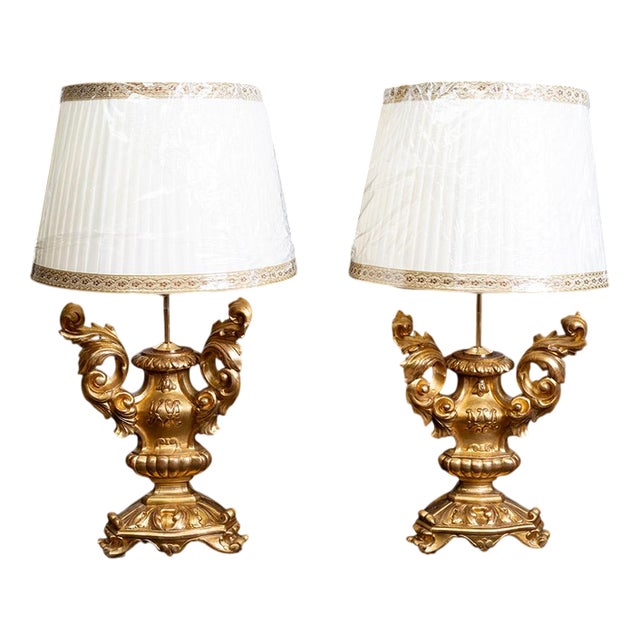 Antique Louis XV Lamps in Gilded and Carved Wood, Naples, 18th Century, Set of 2 For Sale