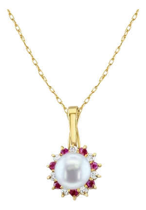 Freshwater Pearl with Diamond & Ruby Halo Necklace 14k Yellow Gold 16"