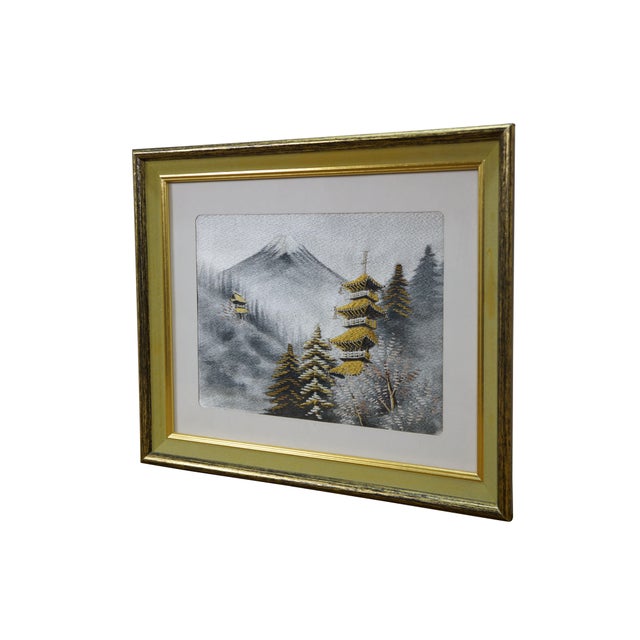 Japanese Late 20th Century Japanese Mt Fuji With Pagoda Crewel Embroidered Mountain Landscape 16" For Sale - Image 3 of 10