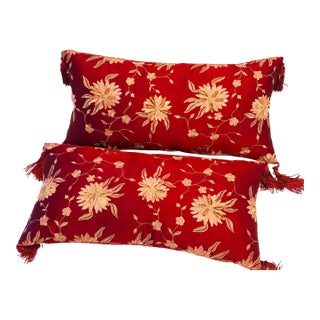 Antique Pair of Burgundy Silk Embroidered Pillows With Tassels Duck Geathers For Sale