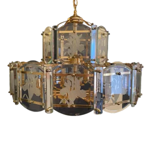 1980s Art Deco Fredrick Ramond Style Glass Etched Lilies Chandelier Fixture