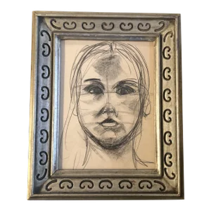 Original Vintage Abstract Charcoal Female Portrait Drawing Ornate Vintage Frame 1960's