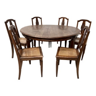 Art Deco Table and Chairs in Walnut, 1930s, Set of 7 For Sale