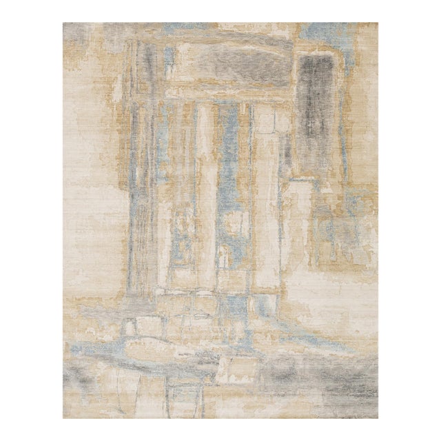 Abstract Ethereal Modern Rug – Hand-Loom Wool & Nylon Blend in Sand and Blue For Sale