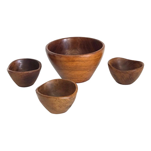 1970s Teak Wood Cone Shaped Bowls, 4 Piece Set For Sale