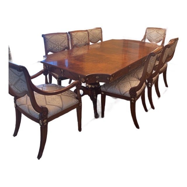 Beautiful Dining Room Table With 6 Chairs, 2 Arm Chairs and Breakfront For Sale