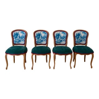 Louis XVI Style Chairs in Clark and Clark Toile Fabric With Kravet Emerald Green Chenille Seats - Set of 4 For Sale