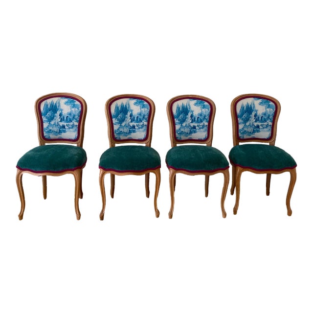 Louis XVI Style Chairs in Clark and Clark Toile Fabric With Kravet Emerald Green Chenille Seats - Set of 4 For Sale