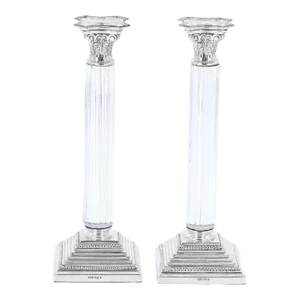 Pair 19th Century Portuguese Silverplated and Glass Column Form Candlesticks