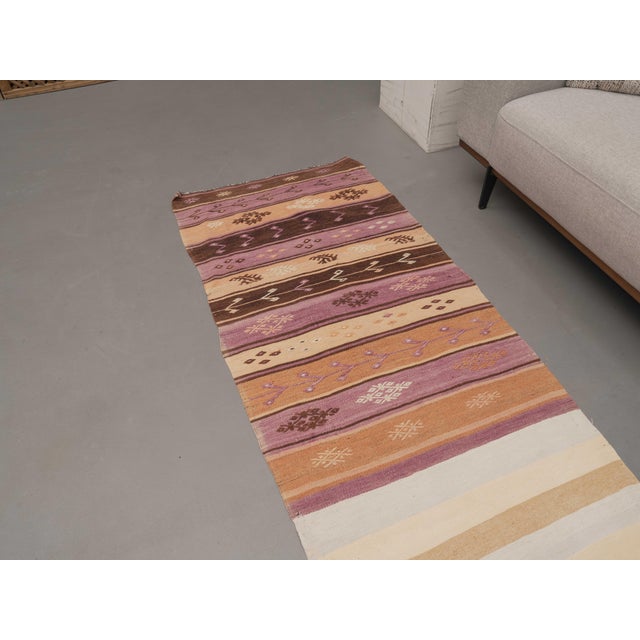 1970s Vintage Handmade Wool Cotton White Beige Kilim Runner Rug For Sale - Image 9 of 11