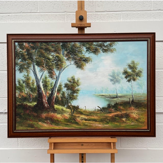 Brown Tranquil Australian Landscape with Eucalyptus Trees - Vintage 20th Century Art 1960 Circa For Sale - Image 8 of 14