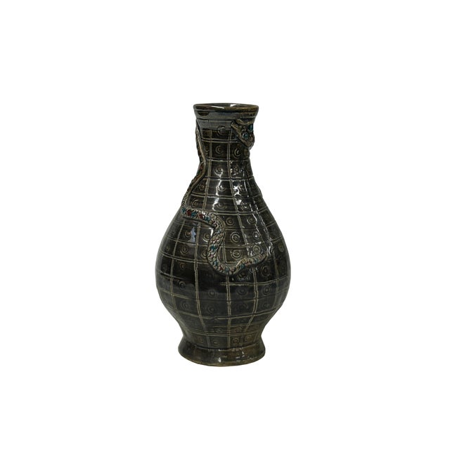 1990s Oriental Small Round Metallic Brown Snake Motif Ceramic Art Vase For Sale - Image 5 of 6