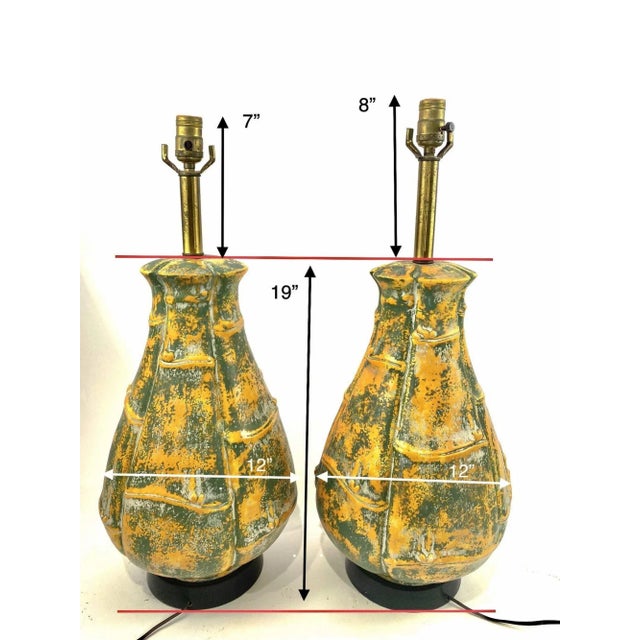 Mid-Century Pear Shape Orange and Green Bamboo Motif Pattern Ceramic Oversize Table Lamps - a Pair For Sale - Image 11 of 12