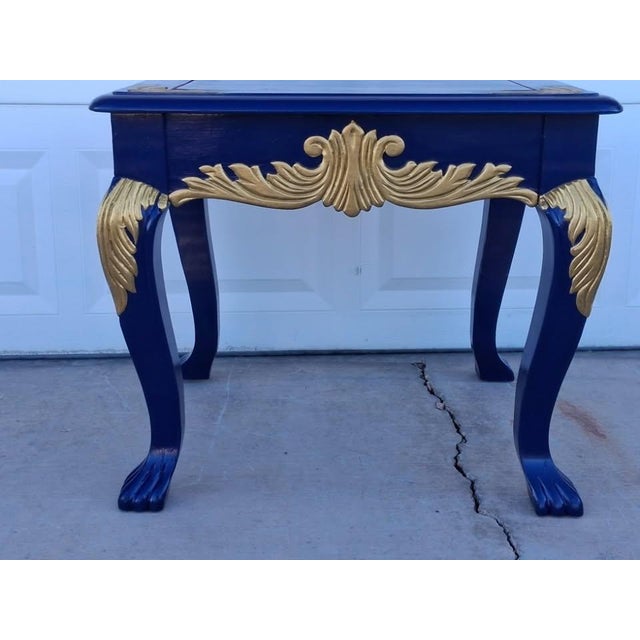 Upcycled Hollywood Regency Navy Blue & Gold Gilded Clawfoot Side Table For Sale - Image 4 of 8