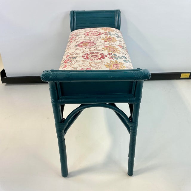 Mid-Century Boho Chic Coastal Bamboo Bench - Newly Upholstered in Ikat Linen For Sale - Image 11 of 18