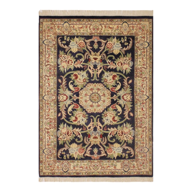 Shabby Chic Anarkali Pak-Persian Blue/Beige Wool Rug - 4'0'' X 6'1'' For Sale