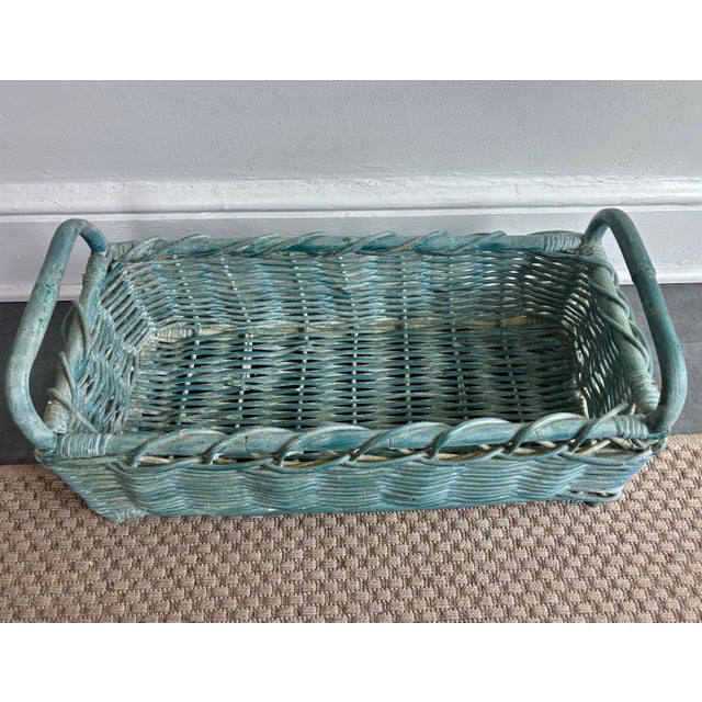 Late 20th Century French Country Blue Bamboo Wicker Basket, Wide For Sale - Image 4 of 7
