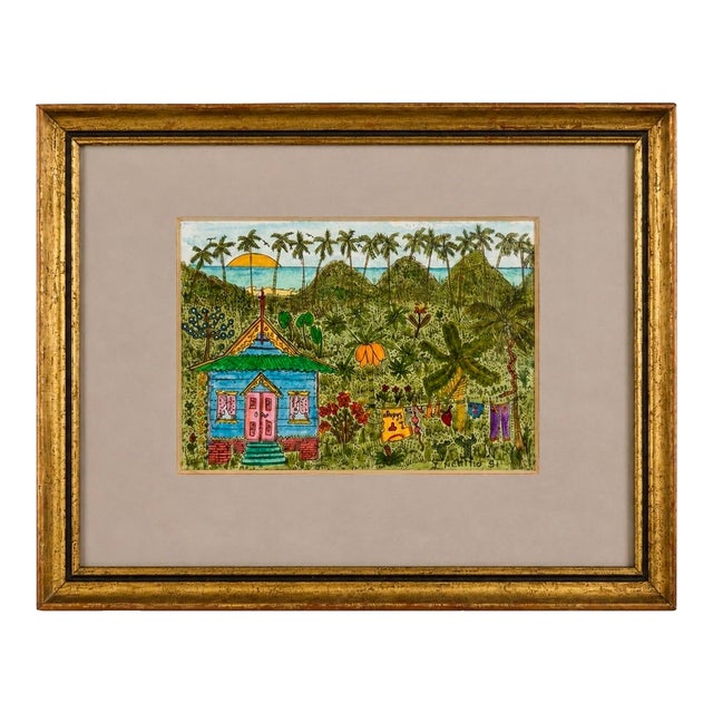 1990s Tiny Caribbean Church Watercolor by I. Kentho, Tobago, 9” X 7” Framed For Sale