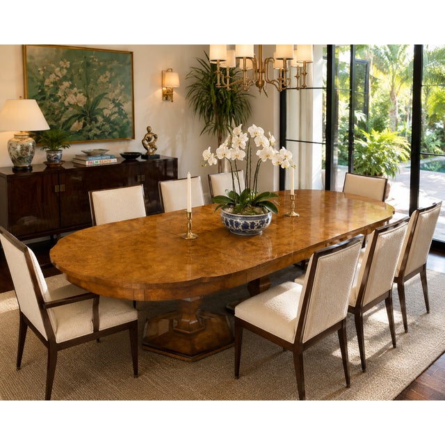 A beautifully crafted vintage Mastercraft dining table showcasing stunning book-matched olive ash burl veneer and the...