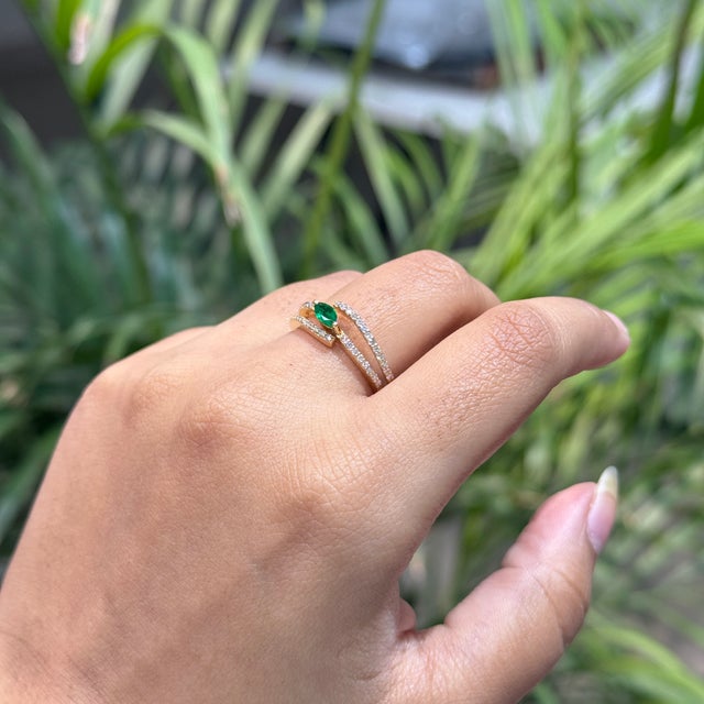 Handmade 14k Yellow Gold Marquise Emerald & Diamond Open Sprial Ring Size 4 For Sale In New York - Image 6 of 18