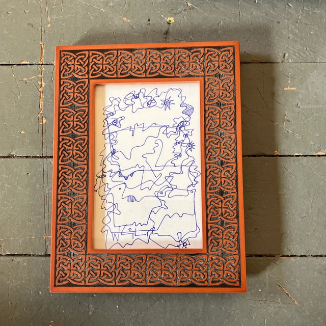 1980s 1980’s Original Small Original Abstract Blue Ink Drawing Ornate Tabletop Frame For Sale - Image 5 of 5