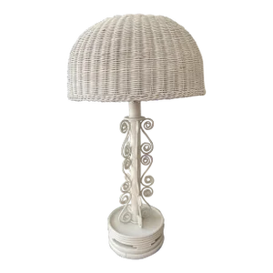 Vintage White Pencil Reed and Wicker Lamp