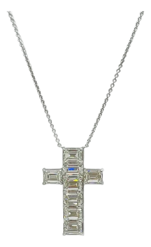 Gia 1 Carat Each Emerald Cut Cross Pendant Necklace in 18k White Gold