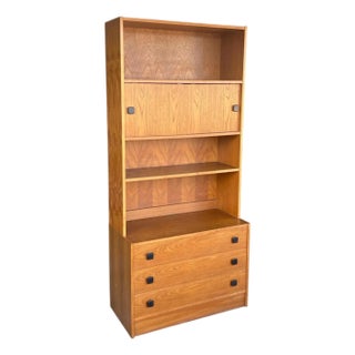 Restored 1960s Danish Modern Bookcase Cabinet With Carved Pulls & Sliding Doors For Sale