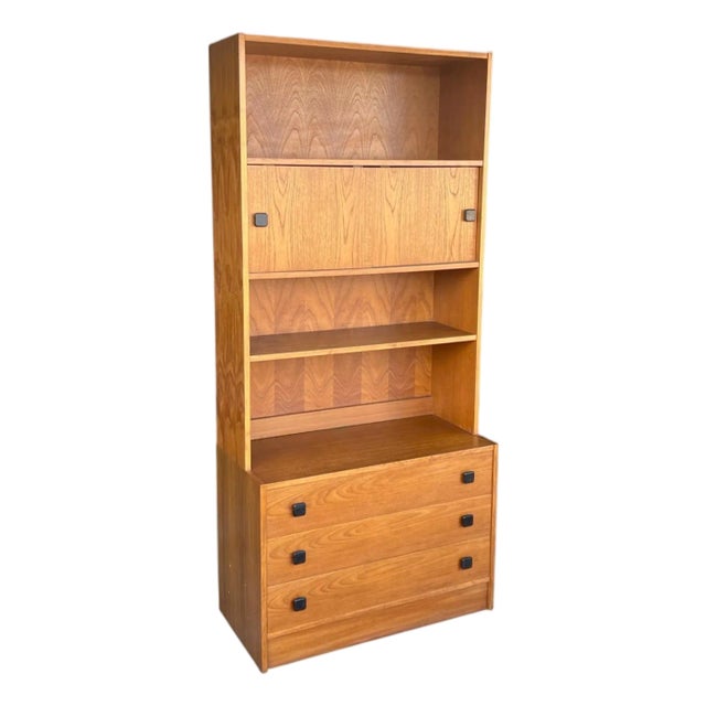 Restored 1960s Danish Modern Bookcase Cabinet With Carved Pulls & Sliding Doors For Sale