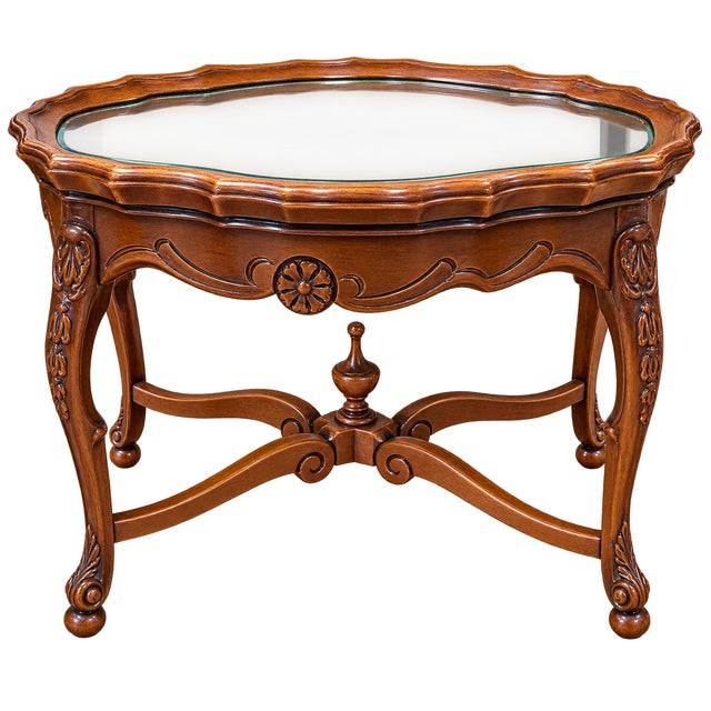 Early 20th Century French Louis XV Style Walnut Tea Table With Removable Glass Tray & Floral Marquetry For Sale - Image 5 of 9