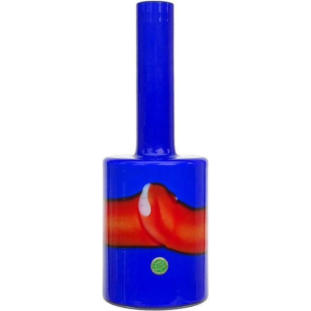 Blue Murano Vistosi Bianconi Bright Blue Red Stripe White Vintage Italian Art Glass Flower Vase With Label For Sale - Image 8 of 8