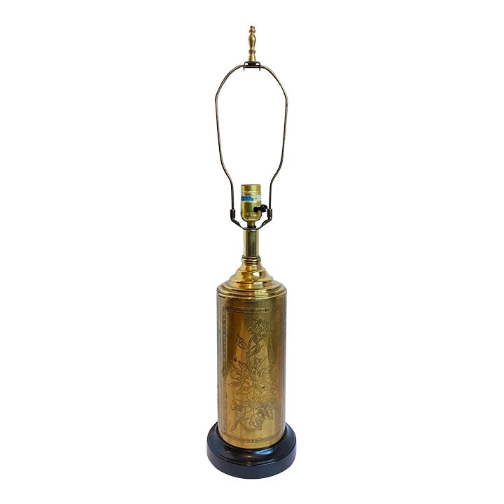 1970s Asian Chinoiserie Etched Brass Canister Tall 3 Way Bulb Table ...