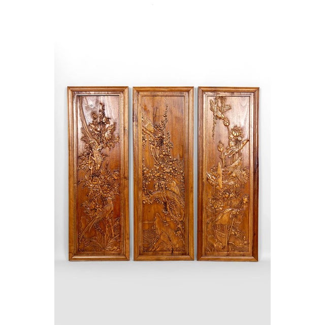 Carved Wooden Panels with Floral and Animal Decorations, Indochina / Vietnam, Early 20th Century, Set of 3 For Sale - Image 17 of 17