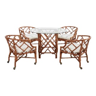 Chinese Chippendale Style Rattan Barrel Dining Chairs and Table For Sale