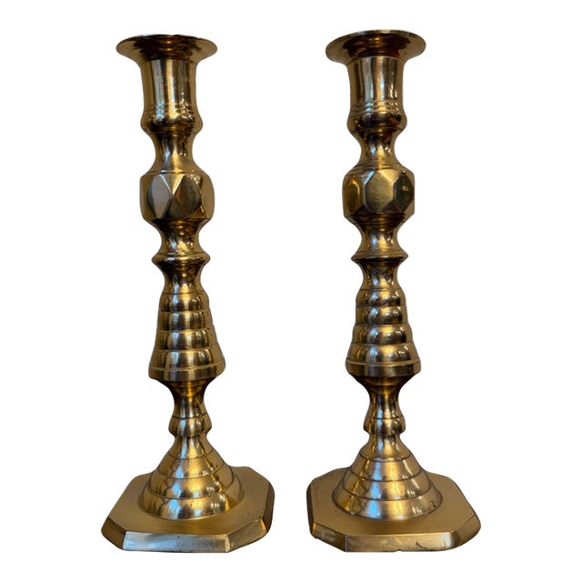 Pair of Antique English Brass Beehive & Diamond Candlesticks For Sale