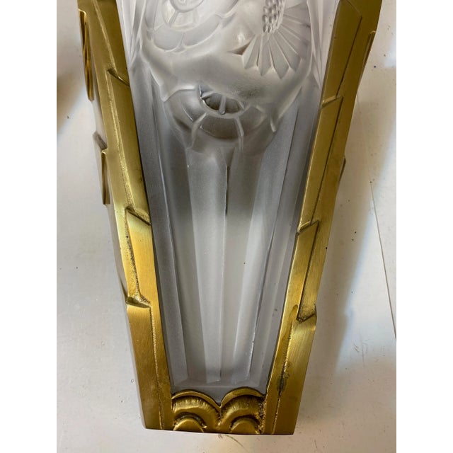 Gold Pair of French Art Deco Wall Sconces Signed by Degue For Sale - Image 8 of 11