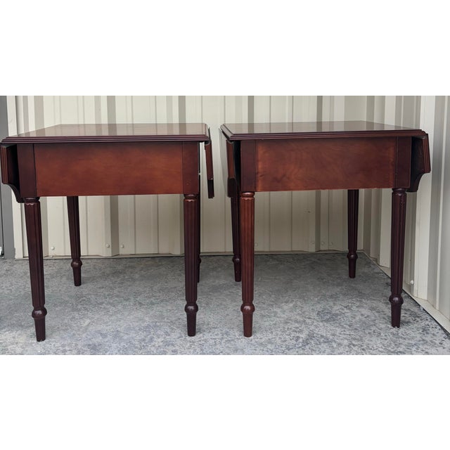 Bombay Company Mahogany Drop-Leaf One-Drawer Side Tables | Federal Style End Tables, a Pair For Sale - Image 4 of 12