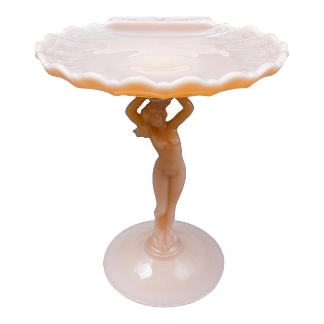 Vintage Mid 20th Century Cambridge Crown Tuscan Pink Statuesque Figural Lady Glass Compote For Sale
