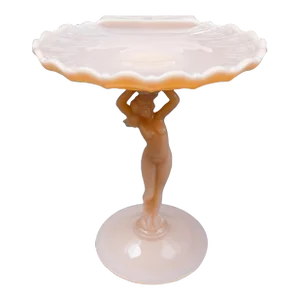 Vintage Mid 20th Century Cambridge Crown Tuscan Pink Statuesque Figural Lady Glass Compote