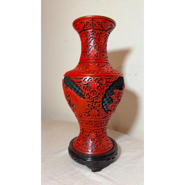Chinese Tall Vintage Handmade Chinese Carved Black Red Lacquer Cinnabar Floral Vase Urn For Sale - Image 3 of 13