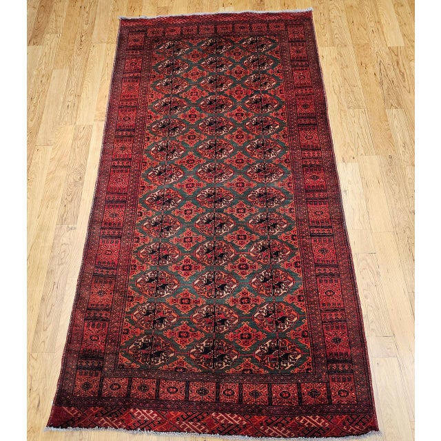 Vintage Turkmen Area Rug, Hand-Knotted Wool, Allover Geometric Pattern, Pistachio Green & Red, 4x8 For Sale - Image 10 of 18