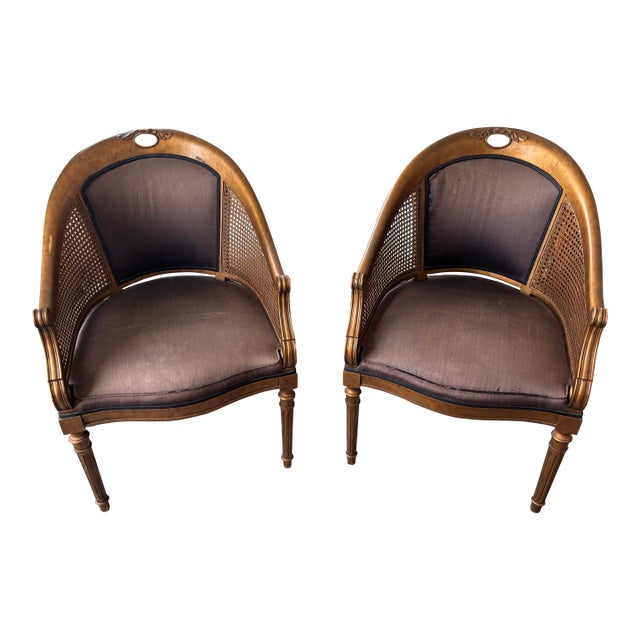Vintage Mid Twentieth Century French Empire Hollywood Regency Gold Bronze Gilt Barrel Back Cane Arm Chairs, a Pair For Sale