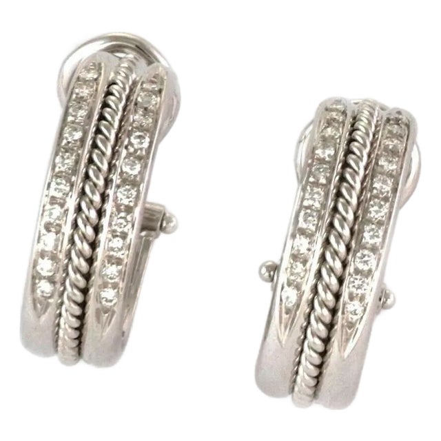 Diamond 18k White Gold Oval Hoop Earrings For Sale