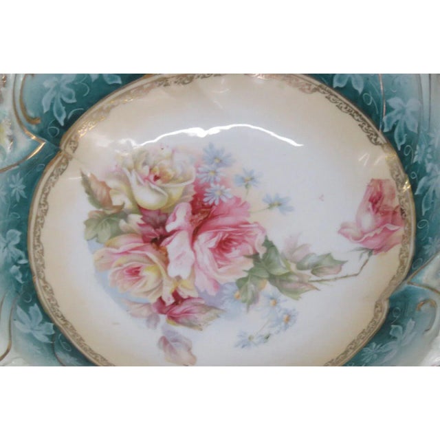 Victorian Rs Prussia Style Large Porcelain Floral Pink Roses Blue Bowl For Sale - Image 3 of 10
