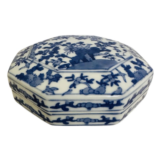 Vintage Blue & White Porcelain Trinket Box For Sale