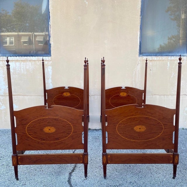 Antique Sheraton Federal Pinwheel Inlay Mahogany 4 Poster Twin Bed Frames - a Pair. Beds feature matching height headboard...